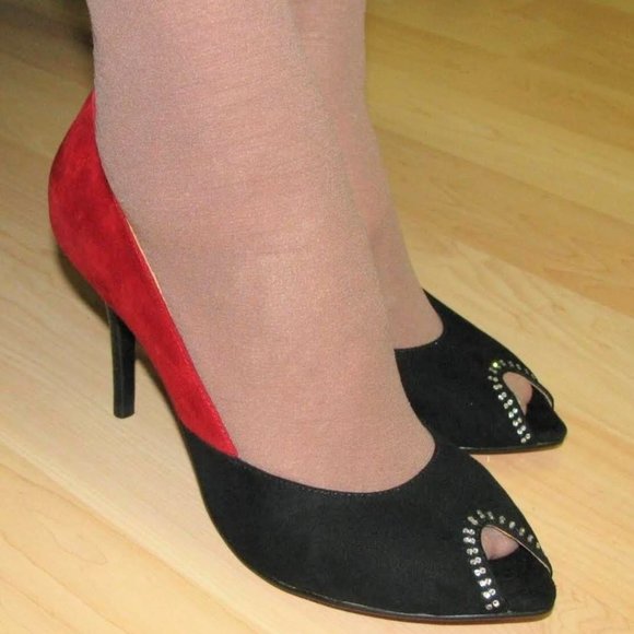 Brand New Sizes 7, 8, 9, 10 Red and Black Suede Open Toe High Heel Shoes - Picture 2 of 2